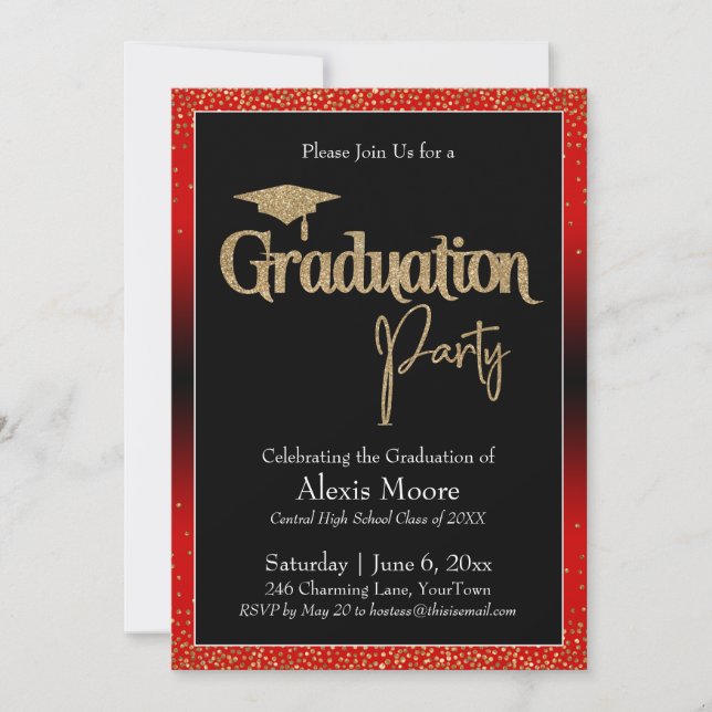 Graduation Party Red Ombre Confetti Invitation (Front)