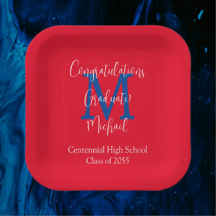 Graduation Party Red White Blue Name Monogram Paper Plate