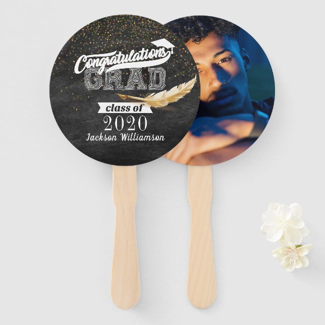 Graduation Party Retro Chalkboard Photo Hand Fan (Front and Back)