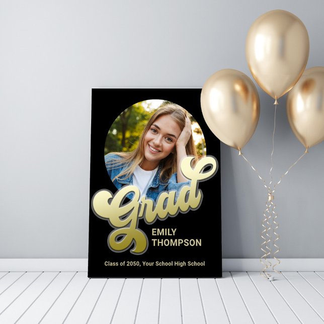 Graduation Party Retro Gold Custom Photo Poster (Graduation party photo poster with gold retro style calligraphy)