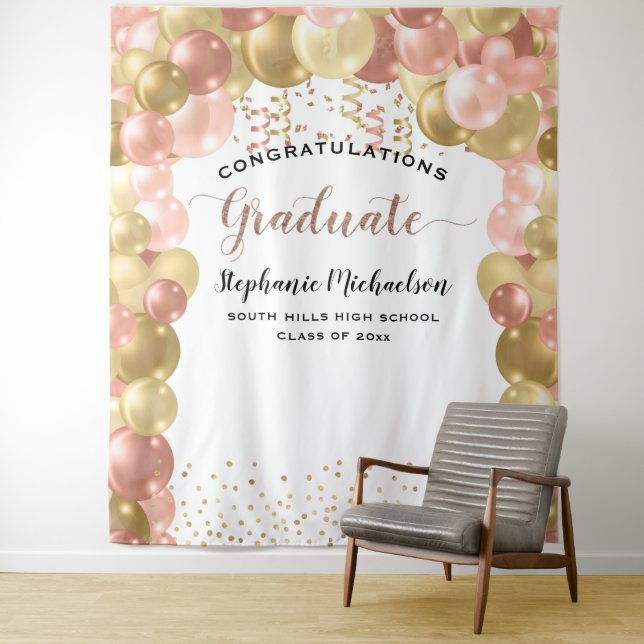 Graduation Party Rose Gold Balloons Streamers Tapestry (In Situ)