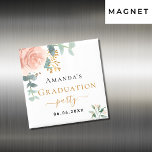 Graduation party rose gold floral save the date magnet<br><div class="desc">A chic white background. Decorated with a rose gold, blush pink floral, flower (rose)and green watercolored eucalyptus leaves, sprigs, greenery and a faux gold sprig. Personalise and add the name of the graduate and a date. Black and golden letters. Perfect as a keepsake, party favour or as a save the...</div>