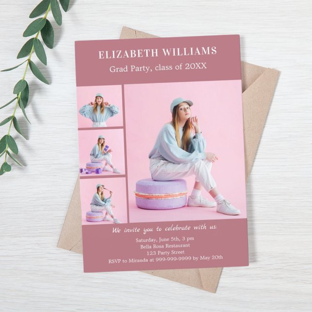 Graduation party rose gold photo collage invitation (Creator Uploaded)
