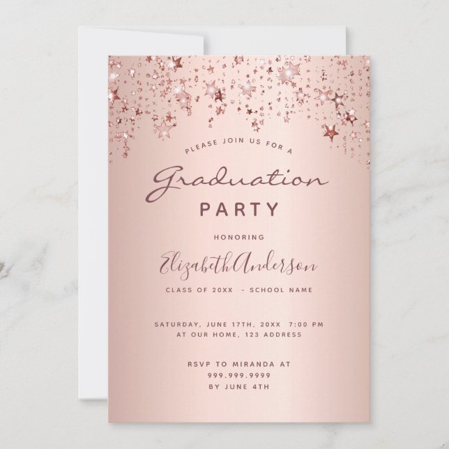 Graduation party rose gold pink stars invitation (Front)
