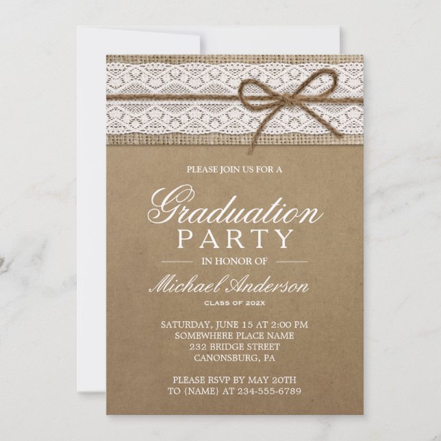 Graduation Party Rustic Burlap String Bow Lace Invitation (Front)