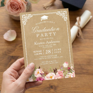Graduation Party Rustic Floral Frame Kraft Invitation