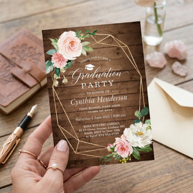 Graduation Party Rustic Geometric Blush Floral Invitation (Creator Uploaded)