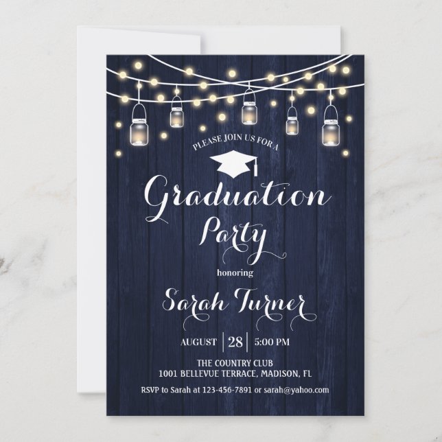 Graduation Party - Rustic Navy Wood Invitation (Front)