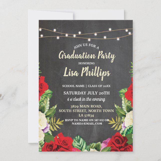 Graduation Party Rustic Red Roses Chalk Invite (Front)