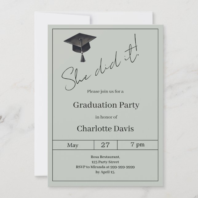 Graduation party sage green She did it Invitation (Front)