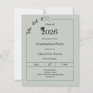 Graduation party Sage Green She did it invitation