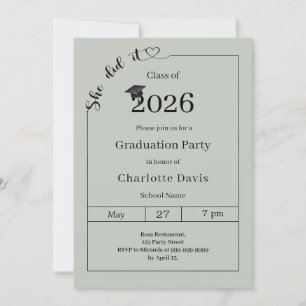 Graduation party sage green She did it Invitation
