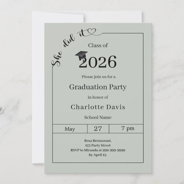 Graduation party sage green She did it Invitation (Front)