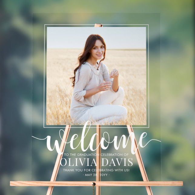 Graduation Party Script Welcome & 1 Square Photo Acrylic Sign (Neutral)