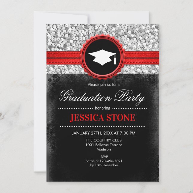 Graduation Party - Silver Black Red Invitation (Front)
