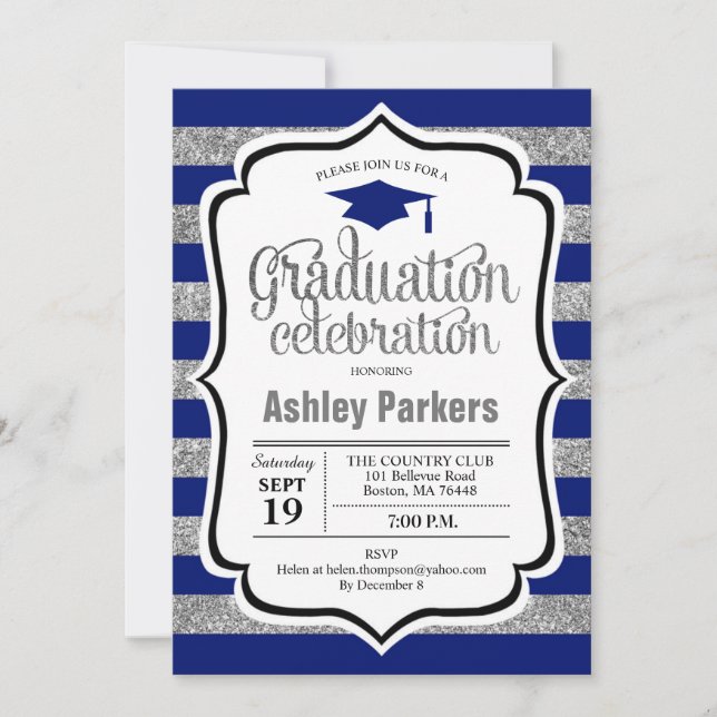 Graduation Party - Silver Navy Blue Stripes Invitation (Front)