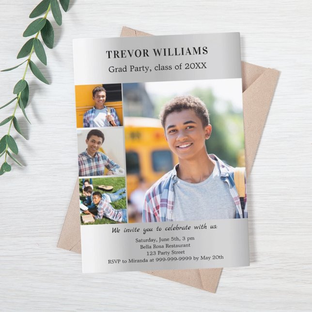 Graduation party silver photo collage invitation (Creator Uploaded)