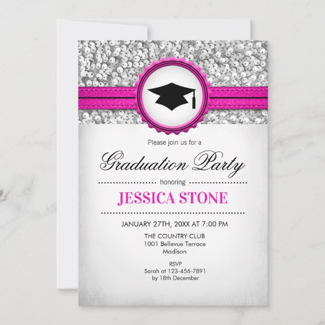 Graduation Party - Silver White Pink Invitation (Front)