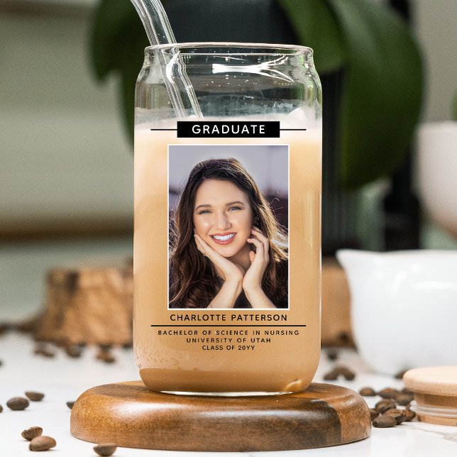 Graduation Party Simple Modern Script Photo Black Can Glass (Creator Uploaded)