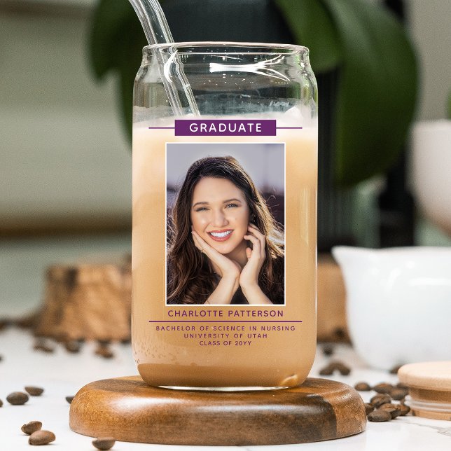 Graduation Party Simple Modern Script Photo Purple Can Glass (Creator Uploaded)