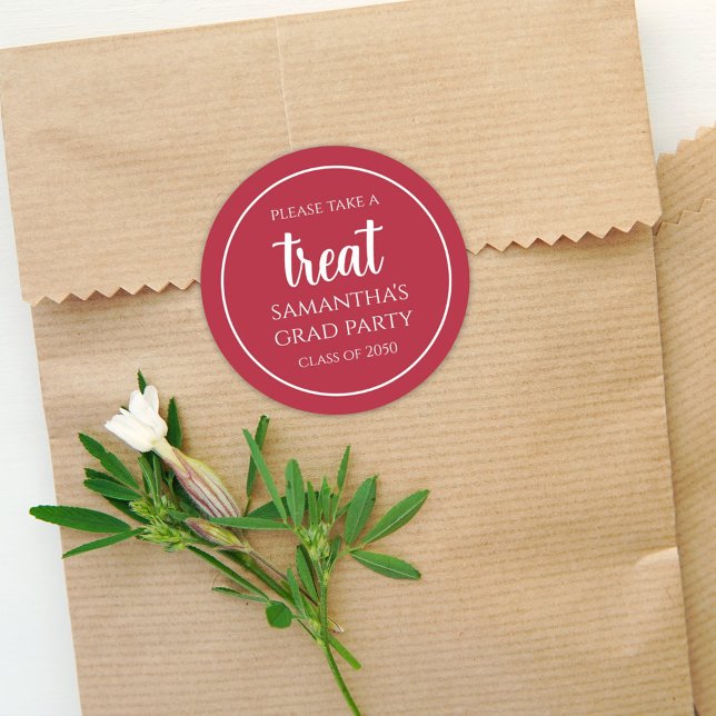 Graduation Party Simple Red Treat Classic Round Sticker (Creator Uploaded)