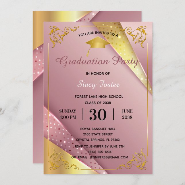 Graduation Party Sparkle Pink Satin Flourish Frame Invitation (Front/Back)