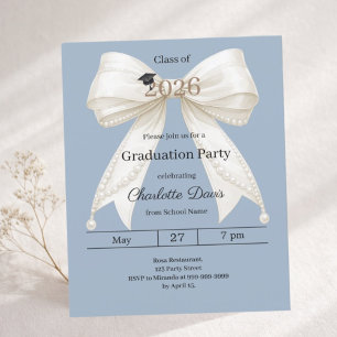 Graduation party steel blue ivory bow invitation
