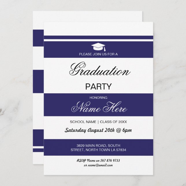 Graduation Party Stripe Navy White Invite Graduate (Front/Back)