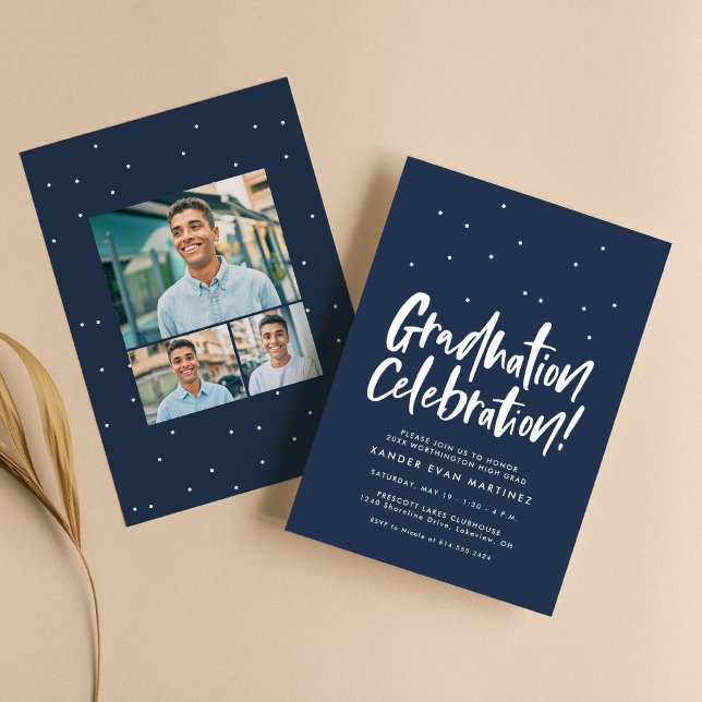 Graduation party three photo fun navy confetti invitation (Creator Uploaded)
