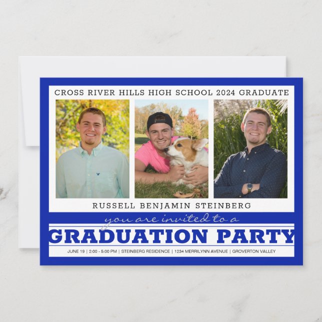Graduation Party Three Photos Royal Blue & Silver Invitation (Front)