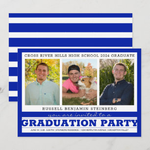 Graduation Party Three Photos Royal Blue & Silver Invitation
