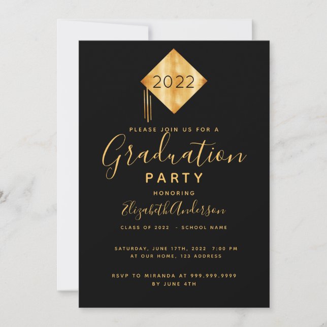 Graduation party topper black gold invitation (Front)