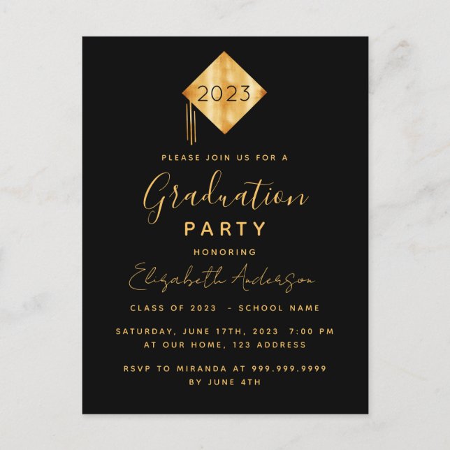 Graduation party topper black gold invitation postcard (Front)