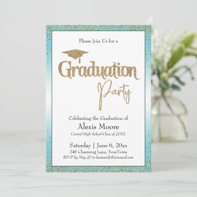 Graduation Party Turquoise Ombre Gold Confetti Invitation (Standing Front)