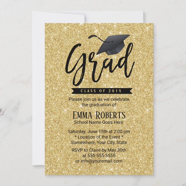 Graduation Party Typography Modern Gold Glitter Invitation (Front)