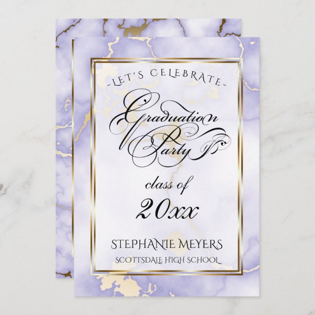 Graduation Party Violet & Gold  Marble Invitation (Front/Back)