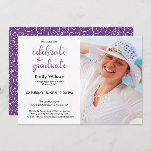 Graduation Party Violet Script Pattern Photo Invitation