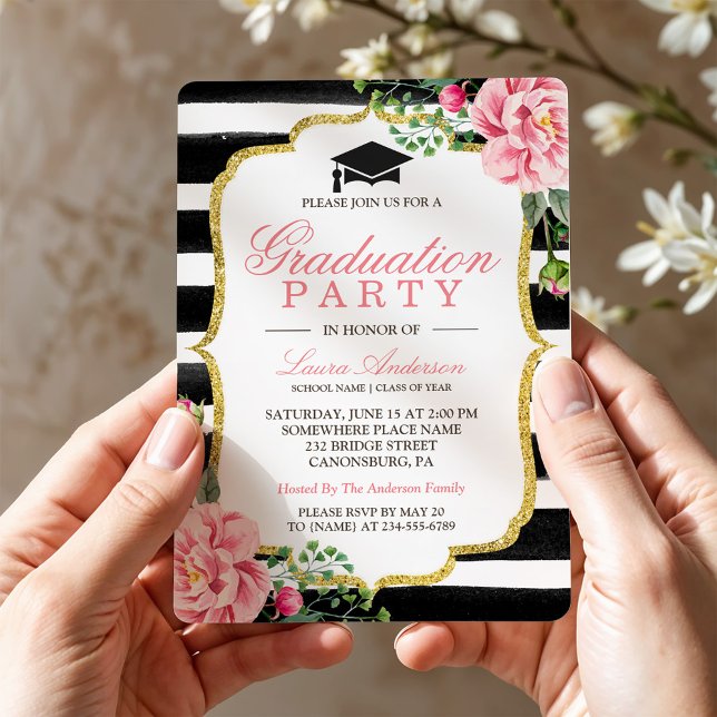Graduation Party Watercolor Floral Gold Glitter Invitation (Creator Uploaded)