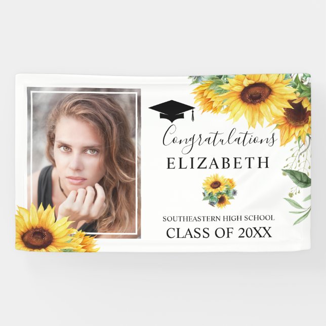 Graduation Party Watercolor Sunflower Photo Banner (Horizontal)