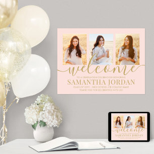 Graduation Party Welcome 3 Photo Blush Pink & Gold Poster