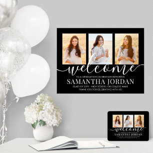 Graduation Party Welcome 3 Photo Collage Black Poster