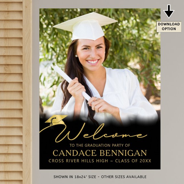 Graduation Party Welcome Black Gold Script Photo Poster (Creator Uploaded)