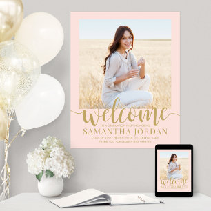 Graduation Party Welcome Photo Blush Pink and Gold Poster