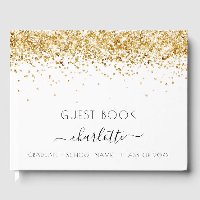 Graduation party white gold glitter dust 2023 guest book (Front)