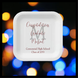 Graduation Party White Gray Burgundy Name Monogram Paper Plate