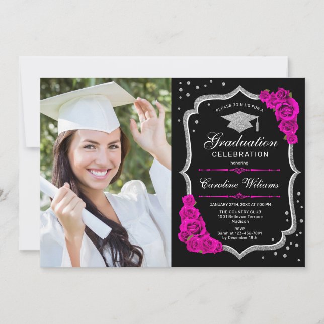 Graduation Party With Photo - Black Silver Pink Invitation (Front)