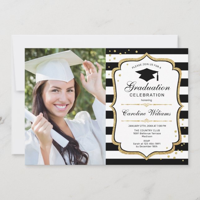 Graduation Party With Photo - Black White Gold Invitation (Front)