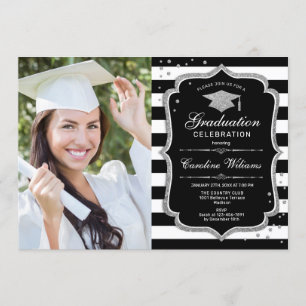 Graduation Party With Photo - Black White Silver Invitation