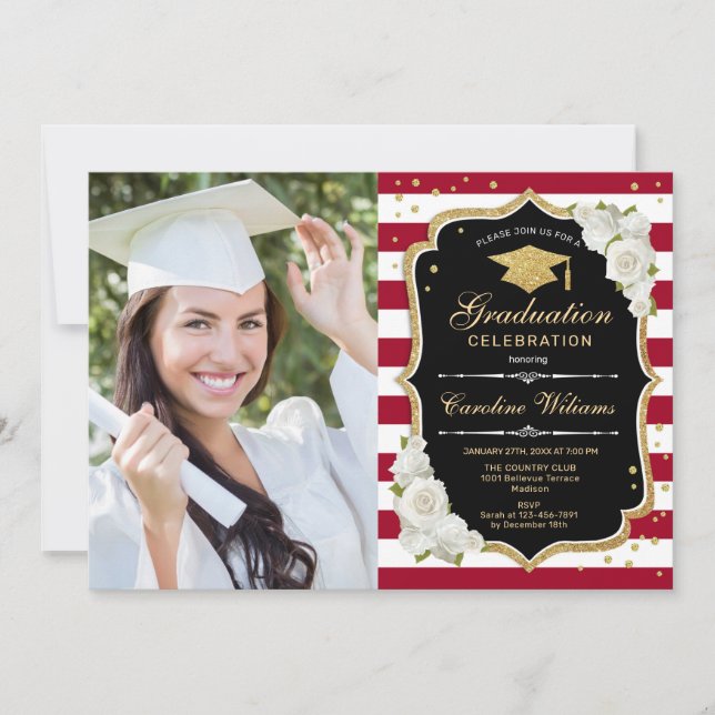 Graduation Party With Photo - Gold Black Red Invitation (Front)