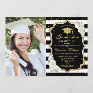 Graduation Party With Photo - Gold Black White Invitation